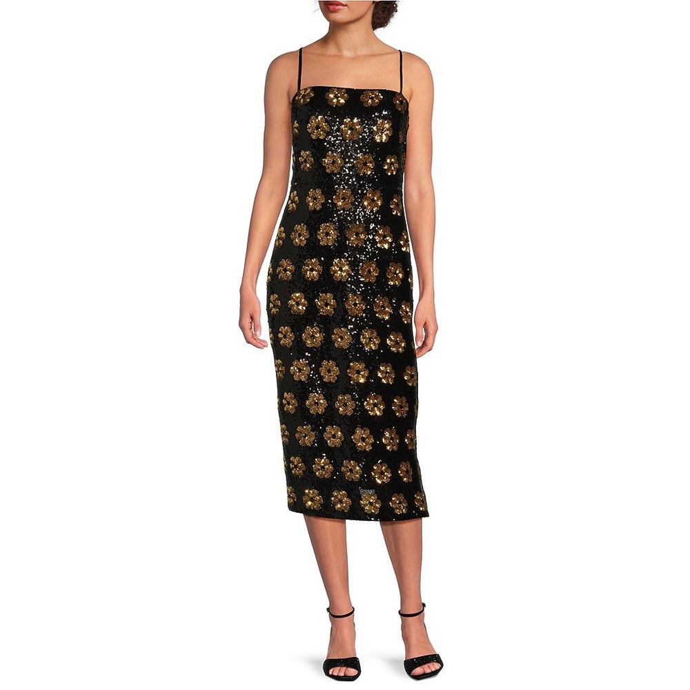 NWT Alex Marie Size 6 Celine Floral Sequin Square Neck Sheath Midi Dress